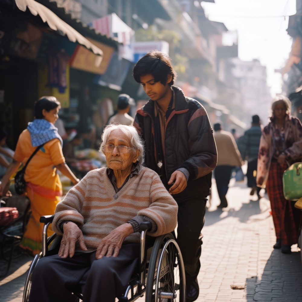 Young boy gently pushing an elderly woman in a wheelchair, symbolizing care and intergenerational support.